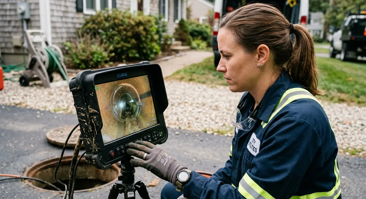 Technician reviewing sewer camera inspection footage in Gallup