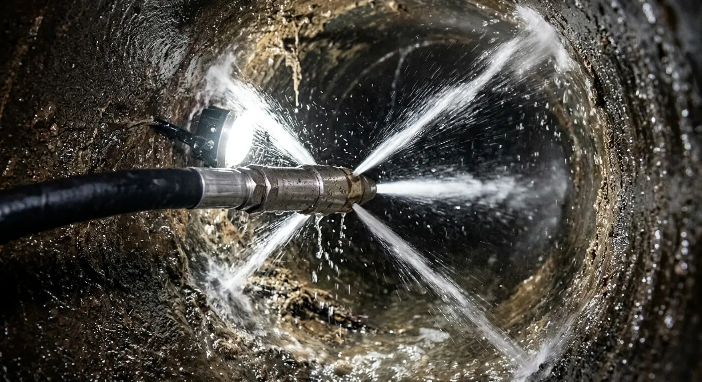 High-pressure hydro jetting nozzle cleaning sewer pipe for Trenchless Sewer Repair in Gallup