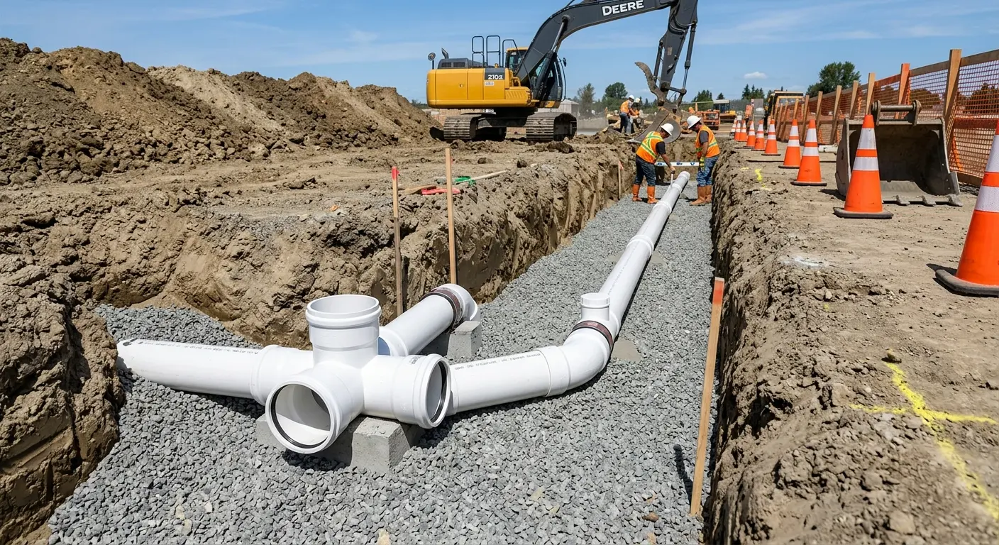 New PVC sewer pipe installation in open trench for Commercial Drain Cleaning in Gallup