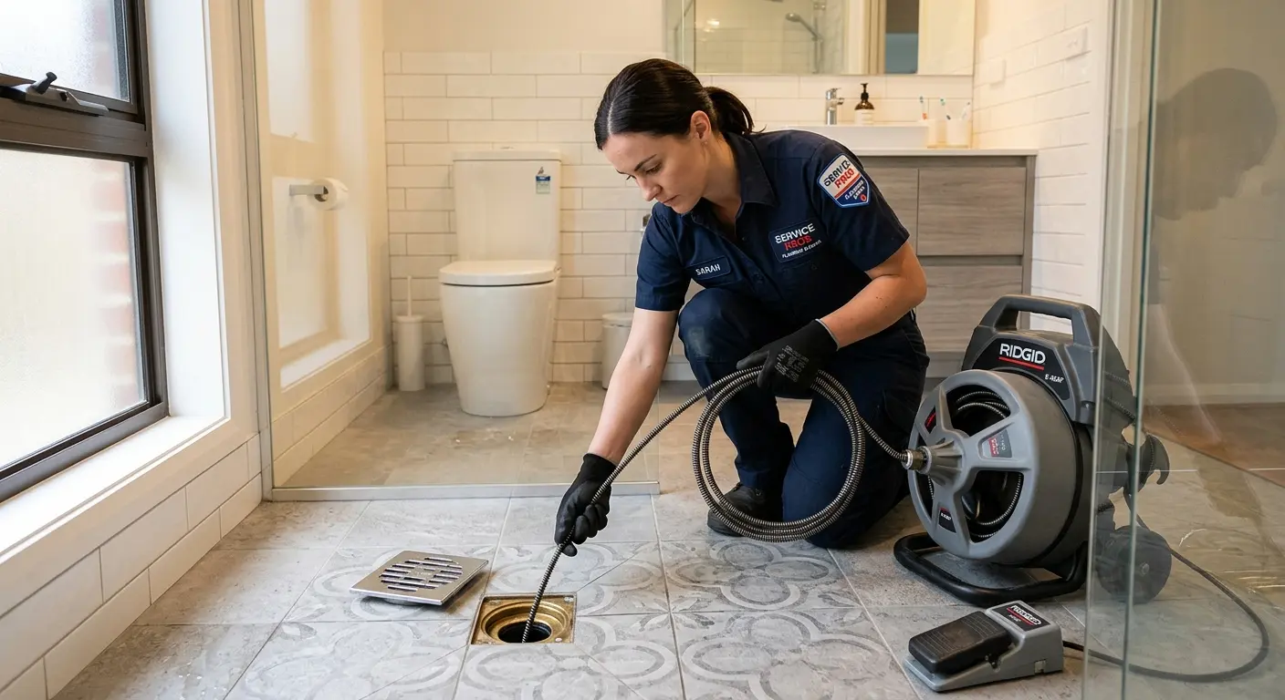 Technician clearing a bathroom floor drain for Sewer Line Replacement in Gallup